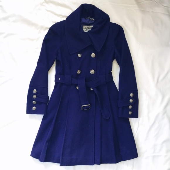 Guess Jackets & Blazers - Guess Navy Long Wool Blend Coat